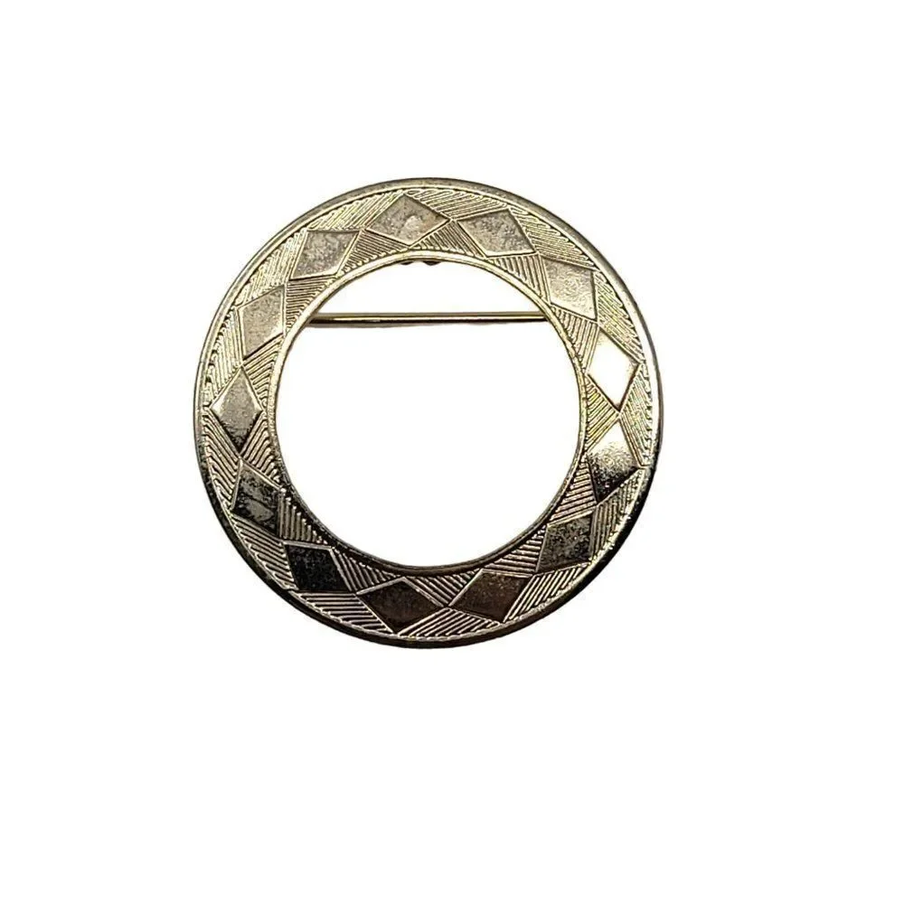 Vintage Gold Tone Round Etched Circle Brooch Pin Pendant Geometric Gift‎